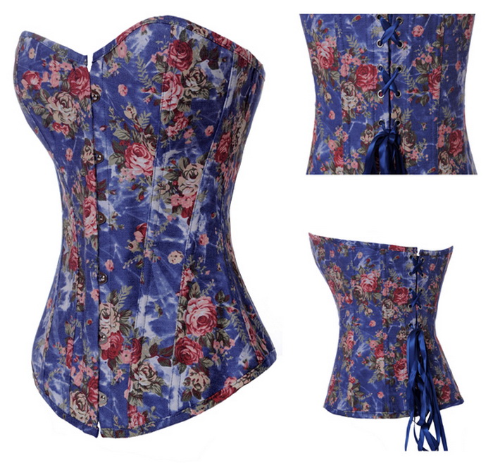 Blue Satin Rose Fabric Decoration Corset
